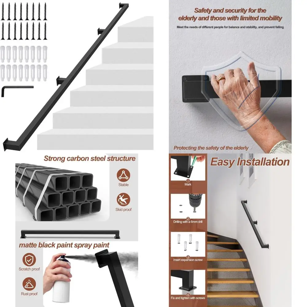 درابزين درج داخلي معدني صناعي، أنبوب مربع أسود غير لامع، سعة تحميل 500 رطل، حاجز أمان مثبت على الحائط #1