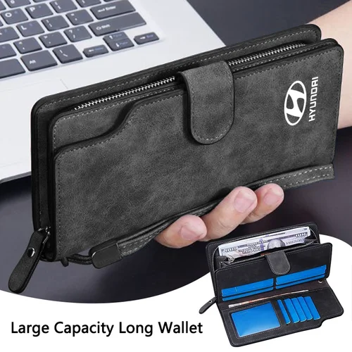 Imagen 2 del producto Cartera larga con logotipo de coche de gran capacidad, bolsa para llaves de documentos y tarjetas de crédito para Hyundai Creta I20 Tucson Elantra Santa Fe Solaris Ix35 Ix45