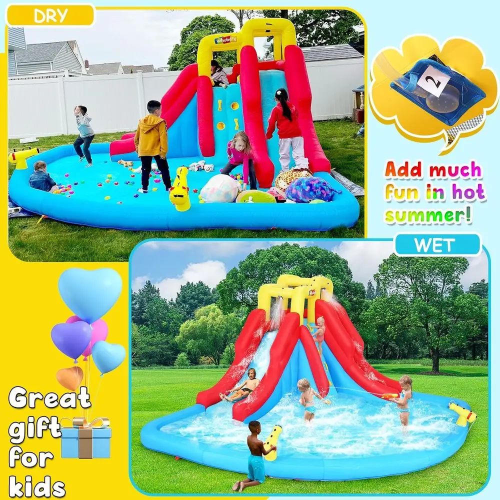 어린이용 에어 슬라이드, 10 in 1 에어 바운스 하우스 워터파크 (송풍기, 물총 2개, 물 블래스터 2개, 클라이밍, 스파 포함)