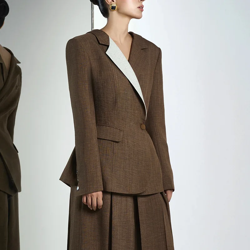 HKSH Blazer Voor Vrouwen Herfst Nieuwe Contrast Kleur Asymmetrisch Ontwerp Slim Fit Elegant Temperament Kantoor Dame Trendy Jas HK10756