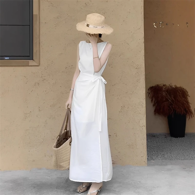 Robe de thé français pour femmes, sans manches, coupe droite, chemise blanche, gilet, décontractée, élégante, mi-longue, été, 2025