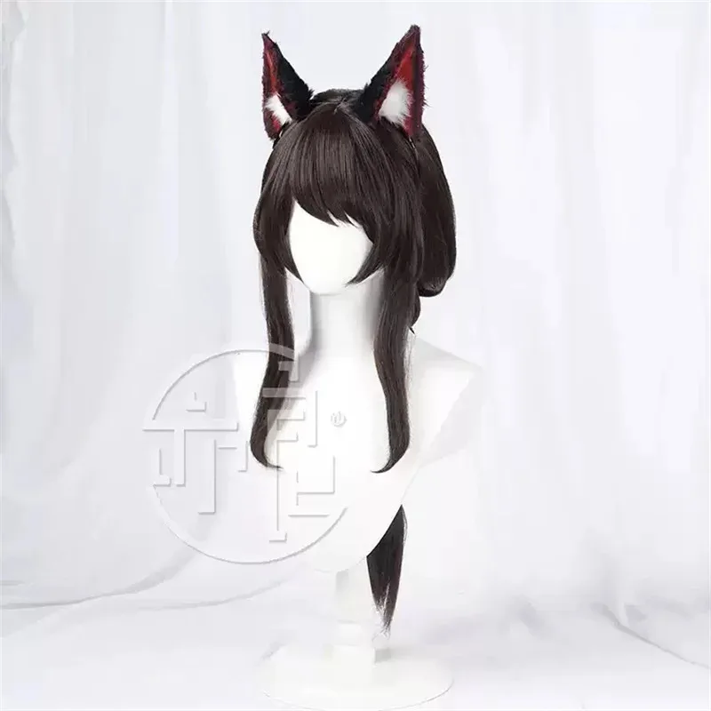 LOL Ahri Cosplay-Perücke, 60 cm langes dunkelbraunes Haar, synthetische Perücke mit Ohr, The Nine-Tailed Fox, Cosplay-Spiel, League of Legends Cosplay