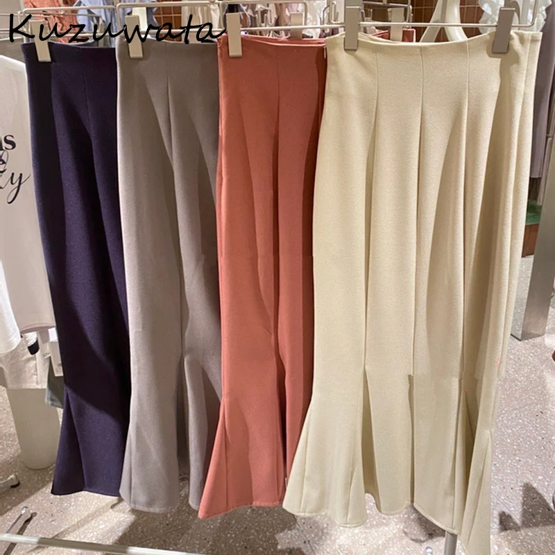 

Kuzuwata 2024 New Fashion Temperament Women Faldas Japanese Autumn Jupes Empire Solid Slim Folds Mid Length Mermaid Skirts