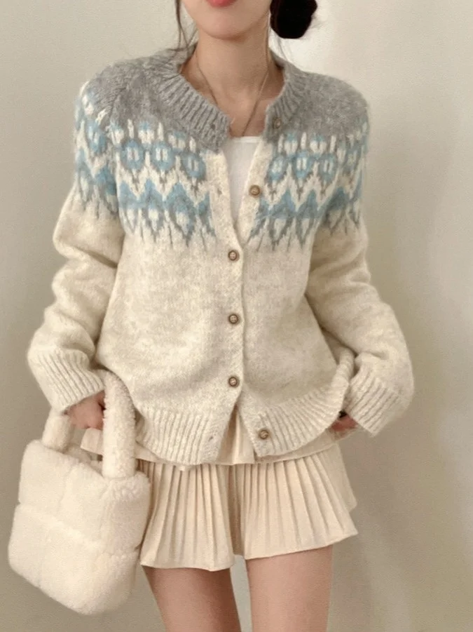 

Women's Chic Versatile Retro Color Block Long Sleeve round Neck Loose Knitted Open Cardigan Top round Neck Knitted Sweater