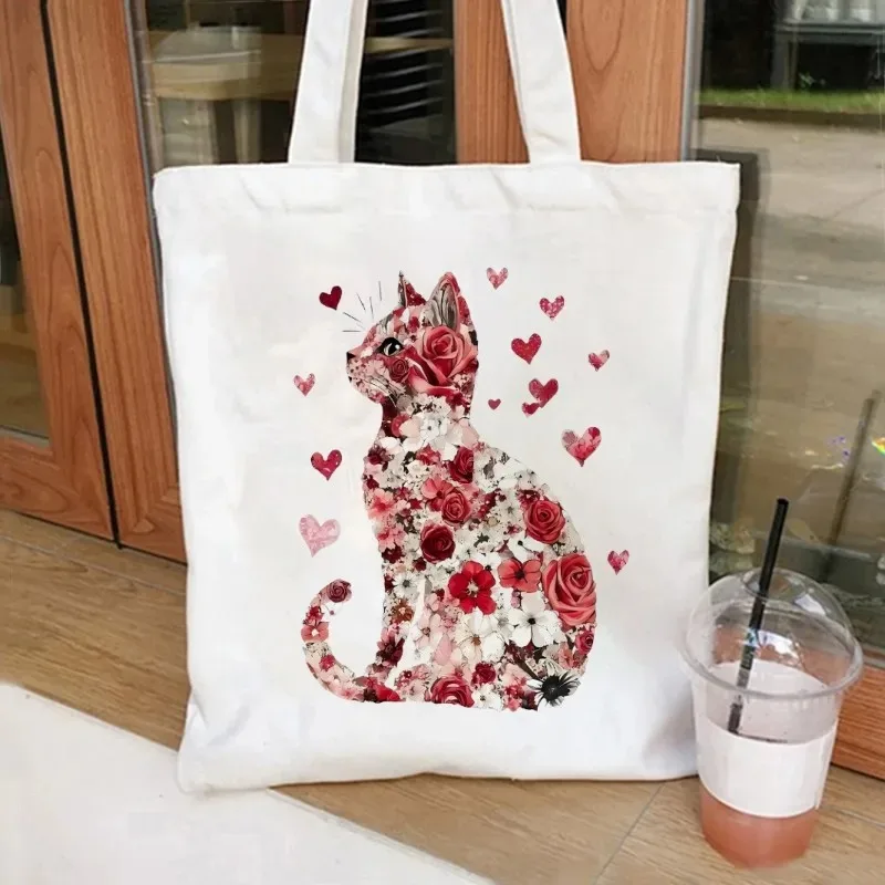 

Artistic Floral Cat Printed Canvas Tote Bags Blue and White Porcelain Heart Rose Patterns Casual Shopping Handbag