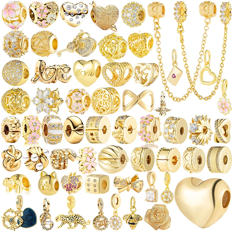 

Sparking Gold Plated Heart Flower Clip Charm Beads Dangle Fit Original Snake Bracelet Necklace Beads For Diy Jewelry Women Gift