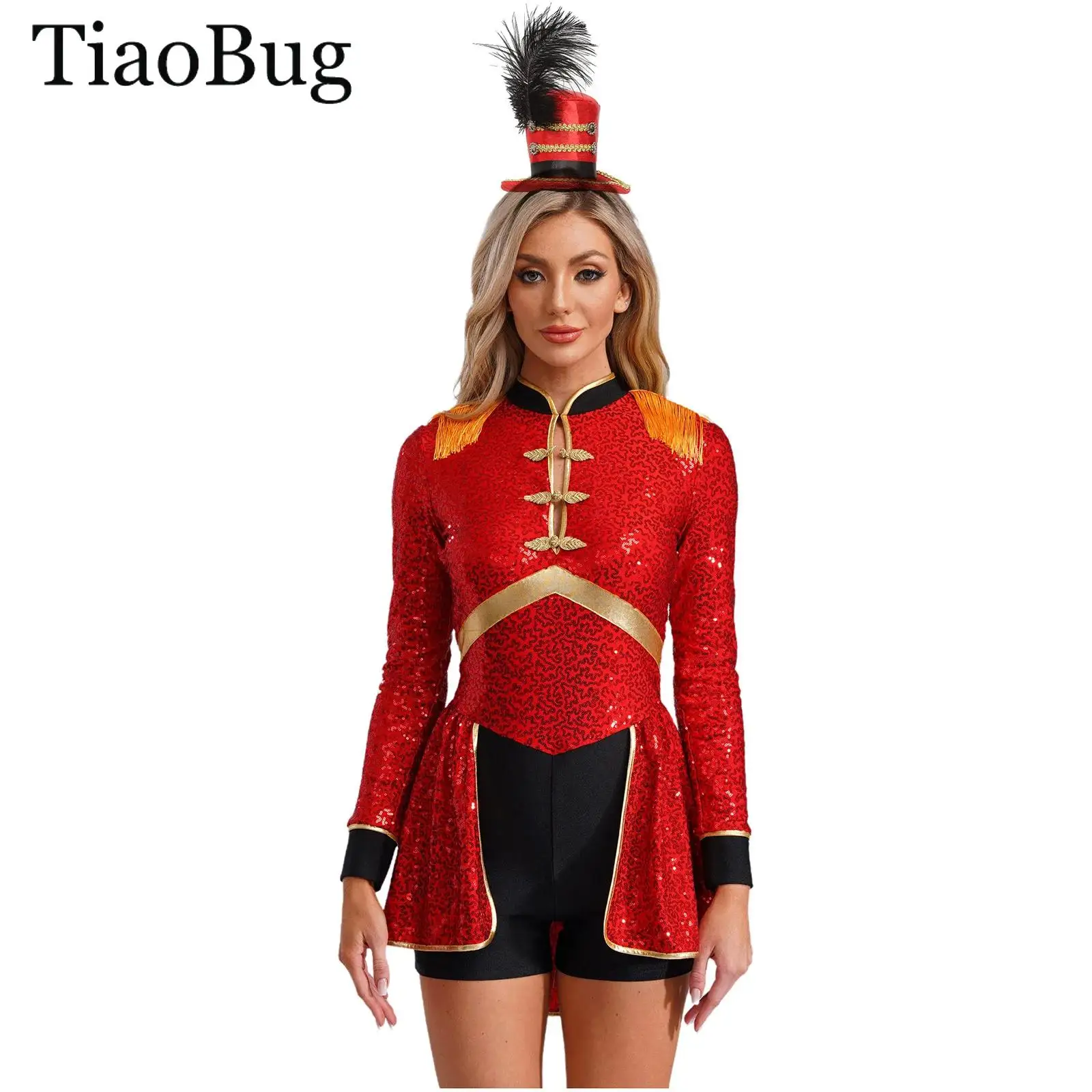 

Women Circus Ringmaster Costumes Long Sleeve Fringed Epaulets Sequin Leotard Jumpsuit with Mini Hat Halloween Magician Role Play