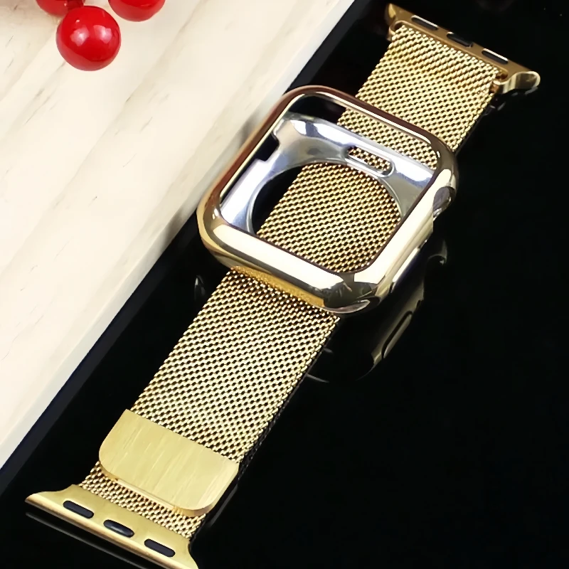 Stahlarmband + Gehäuse für Apple Watch 38mm 40 41 42 44 45mm TPU-Hülle + Milanaise-Armband für iWatch Series 9 8 7 SE 6 5 4 3 2 1 Armband