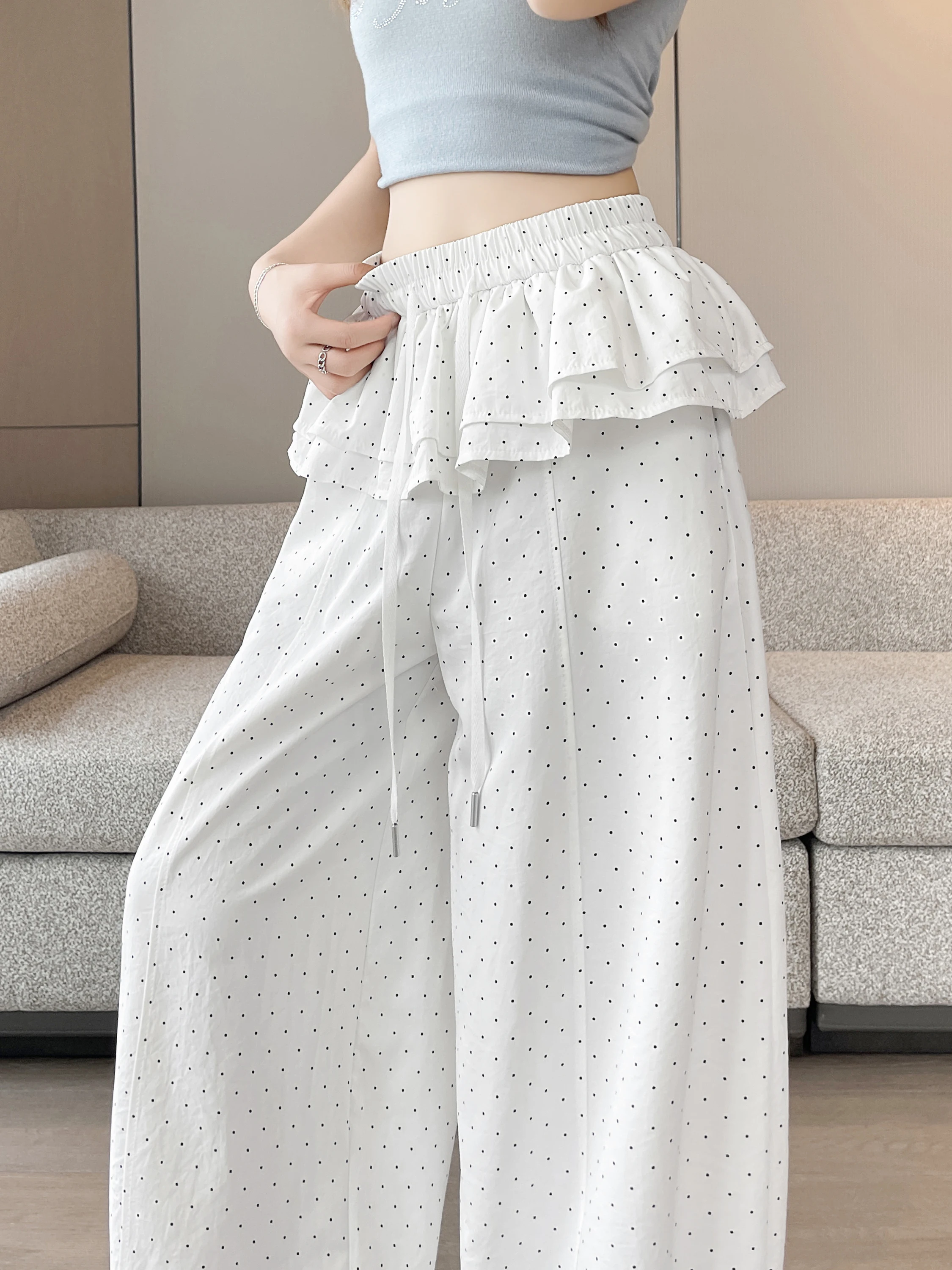 

Summer Thin Wide Leg Pants Women's High Waist Slimming Straight Drapey Floor-Length Checkered Print Casual Trousers