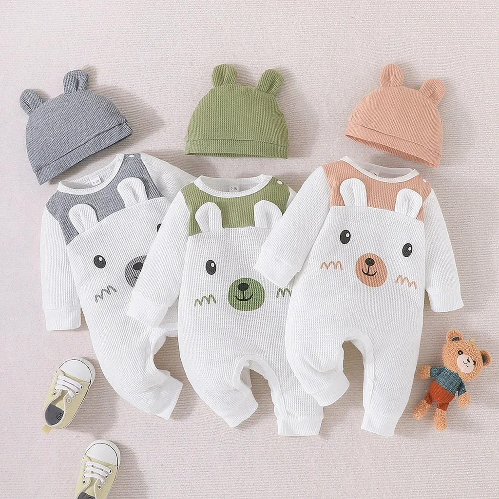 Unisex Newborn Onesies Romper 0-18 Months Toddler Clothing Infant Long Sleeve Cartoon Cute Bear Ears Hat Jumpsuit