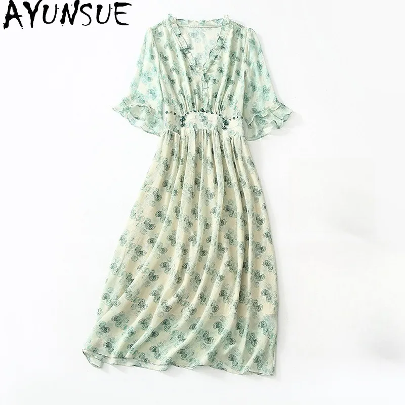 AYUNSUE 100% vestidos elegantes de seda Mulberry para mujer, vestidos verdes de verano con cuello en V, vestidos largos, ropa de mujer, Vêtement Femme