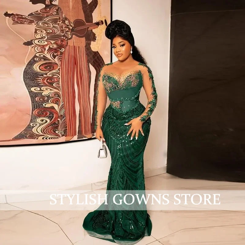 

Sheer Neck Long Sleeves Mermaid Evening Gowns African Women So Ebi Party Dress Formal Wear Dark Green Sparkly Lace Prom Dresses