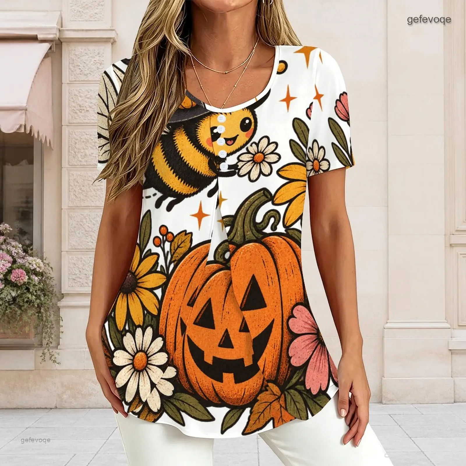 Women V Neck Short Sleeve T Shirt Half Button Placket Fake Two Piece Layered Curved Hem Loose Tunic Top Custom Print Ladies Casu