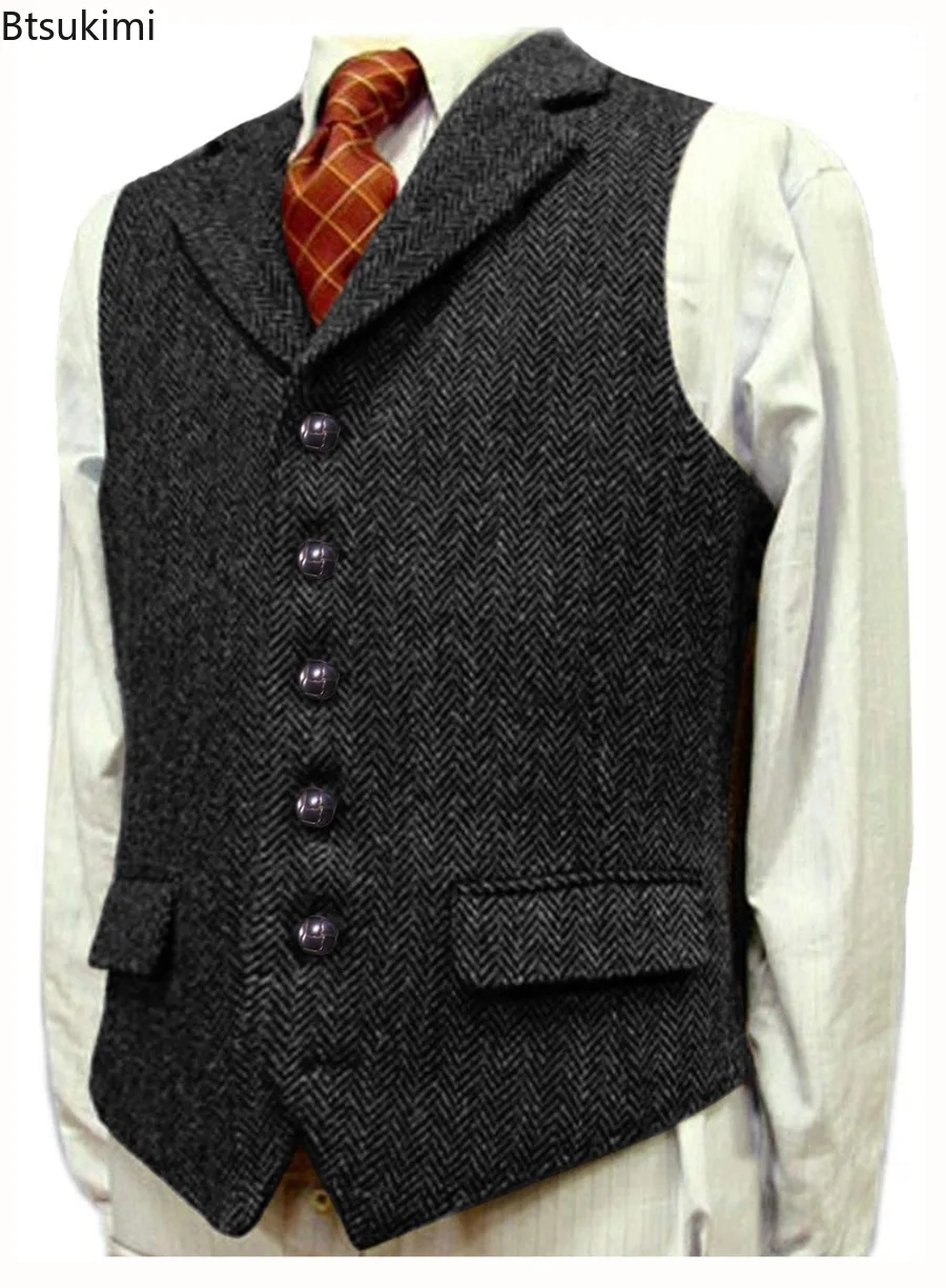 

2025 Men's Wool Tweed Slim Fit Suit Vest High-end Herringbone Business Leisure Waistcoats Gentlemen Dress Vest for Wedding Groom