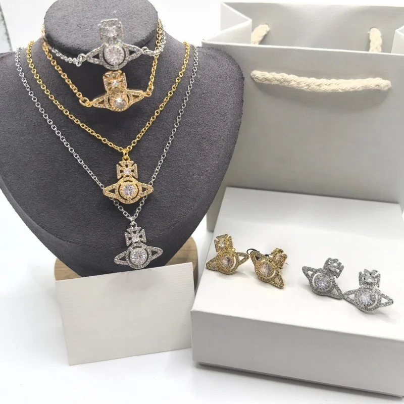 

S925 Sterling Silver Little Saturn Single Diamond Charm Ladies Set Elegant Romantic Banquet Essential Jewelry