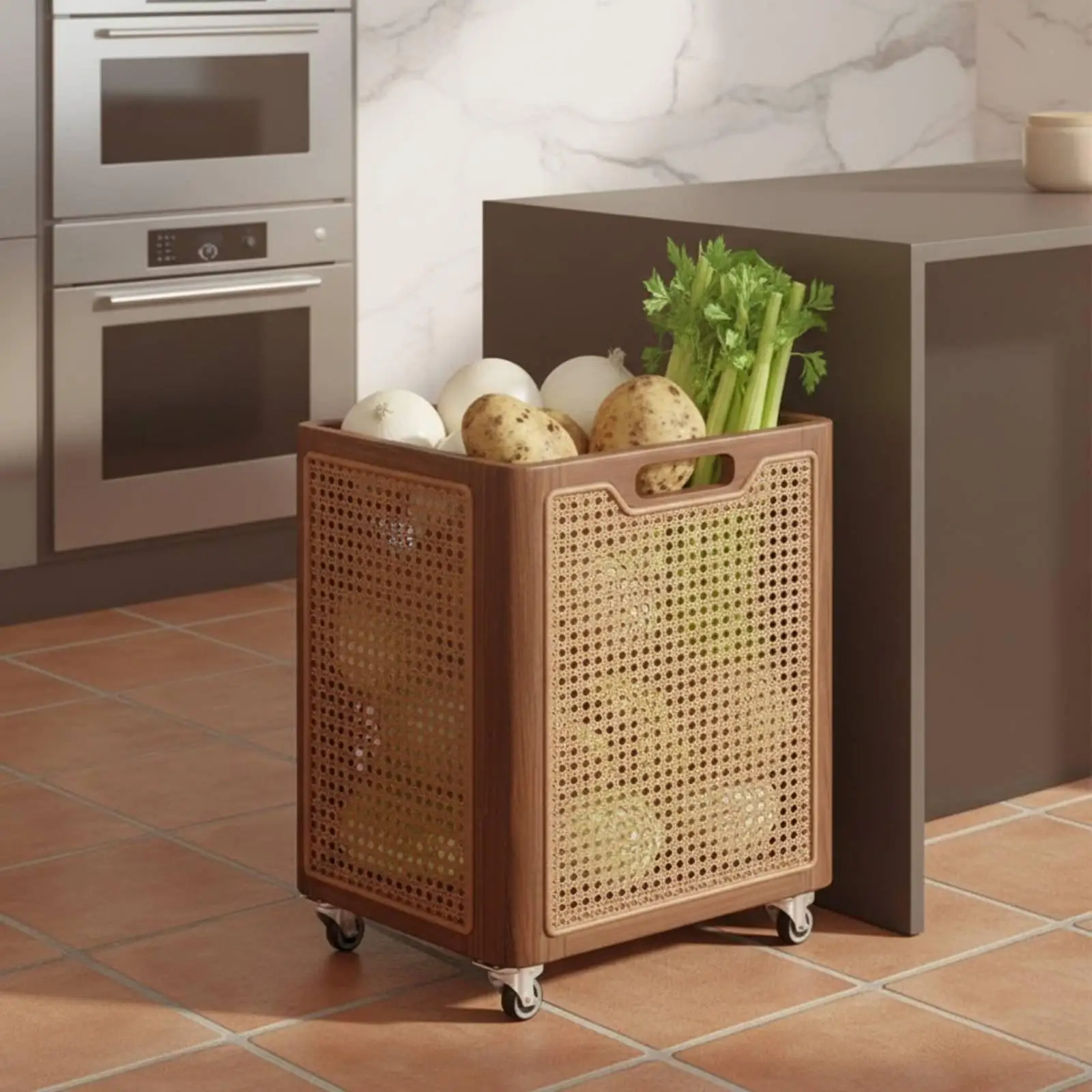 Wooden Kitchen Trolley Large Capacity Rolling Utility Trolley with Baskets