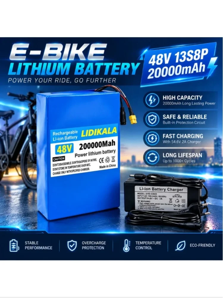 48V 200Ah 13S8P Lithium-Ionen-Akkupack mit Ladegerät, integriertem BMS und Mehrfachschutz, wiederaufladbarer Akku für E-Scooter, Golfwagen, Outdoor-Solar-Wohnmobile