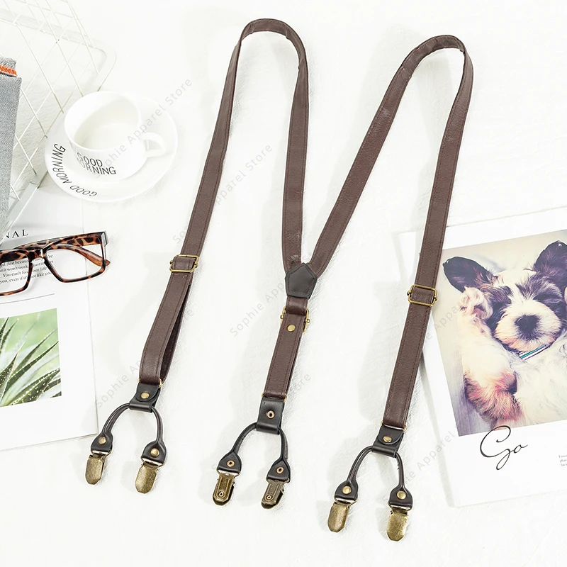 الحمالات الرجال حزام للسراويل 6 مقاطع أسود براون للجنسين جلد النساء Bretels بنطلون الكبار Bretelles أوم