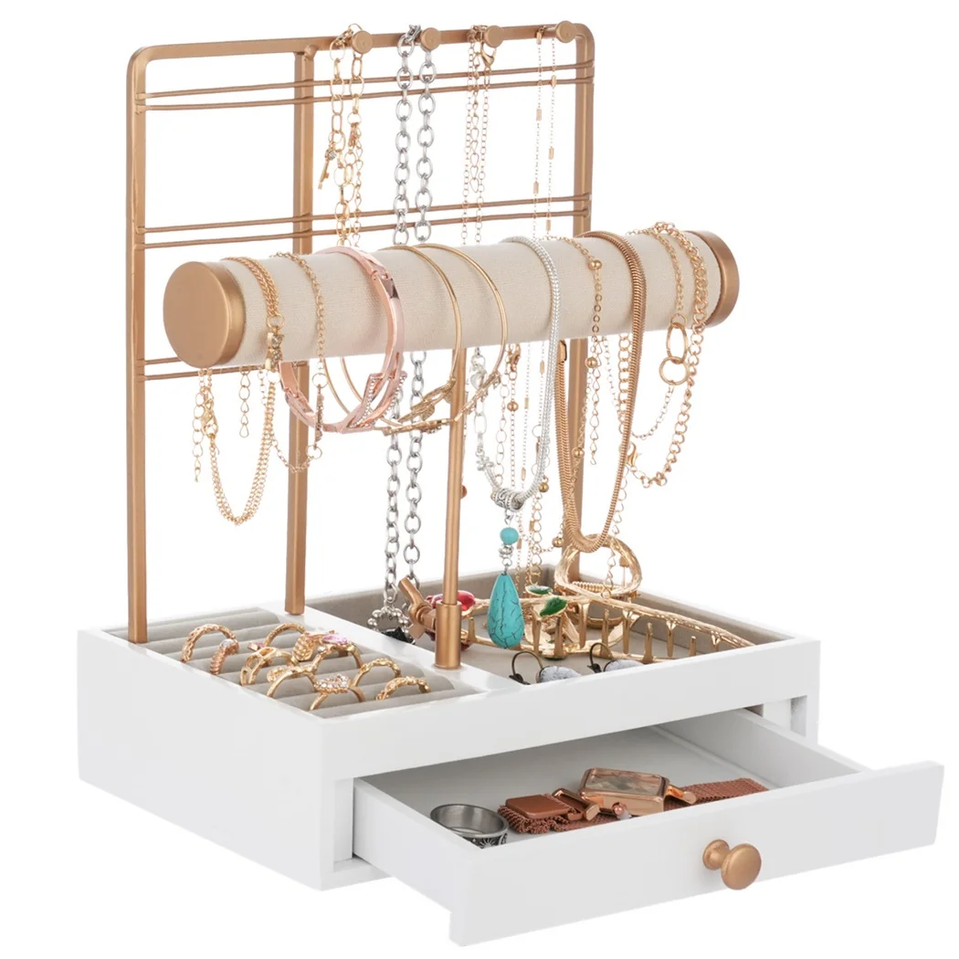 Jewelry Organizer Stand 4-Tier Jewelry Display Holder For Necklaces Bracelets Rings Earring Watches Jewelry Holder Wooden Drawer