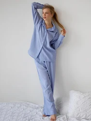 Marthaqiqi Blue Stripe Women'S Pajamas Sets Long Sleeve Sleepwear Turn-Down Collar Nightwear High Waist Pants Home Clothes Women