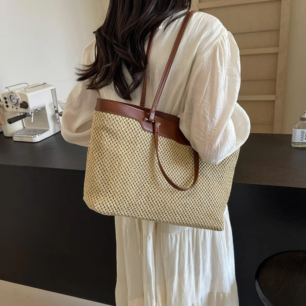 Women PU Woven Tote Bag Fashion Shoulder Bag Large Capacity Weaving Work Bag Stylish Commuting Bag for Party Vacation