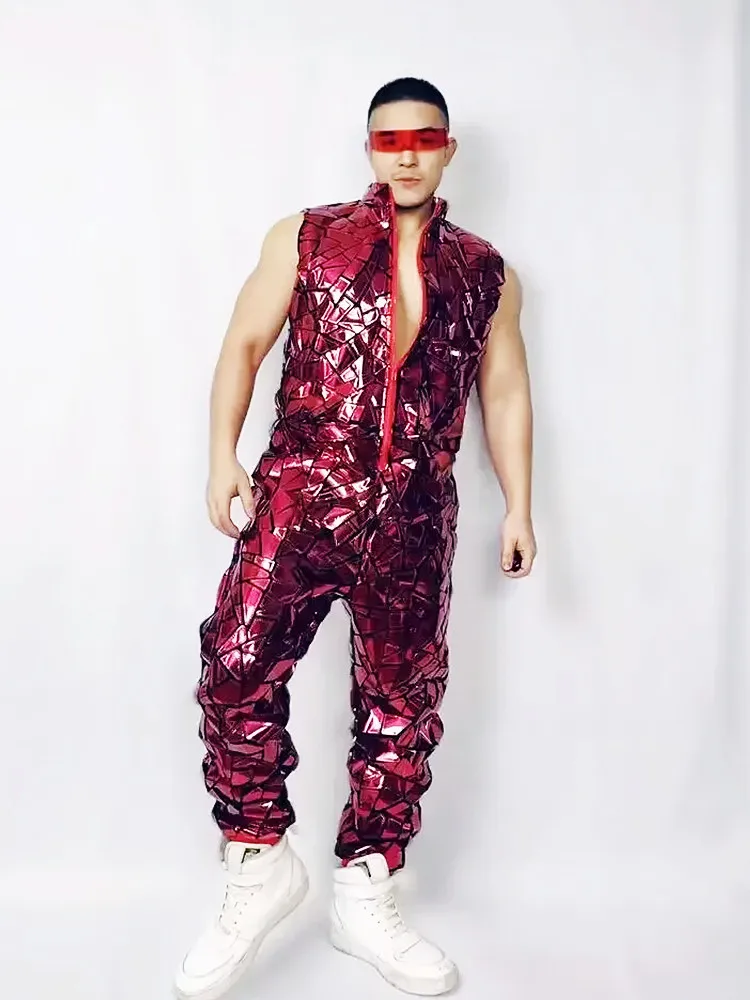 Red Laser Sequins Sleeveless Jumpsuit Mirror Overalls Men Singer Bar Nightclub Hip Hop Rock Dance Costume Band Stage Wear