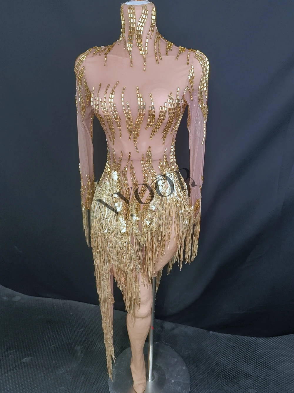 سباركلي الذهب الراين هامش عيد ميلاد احتفال مساء اللباس المرأة مثير أداء شفاف ملابس رقص المرحلة ارتداء