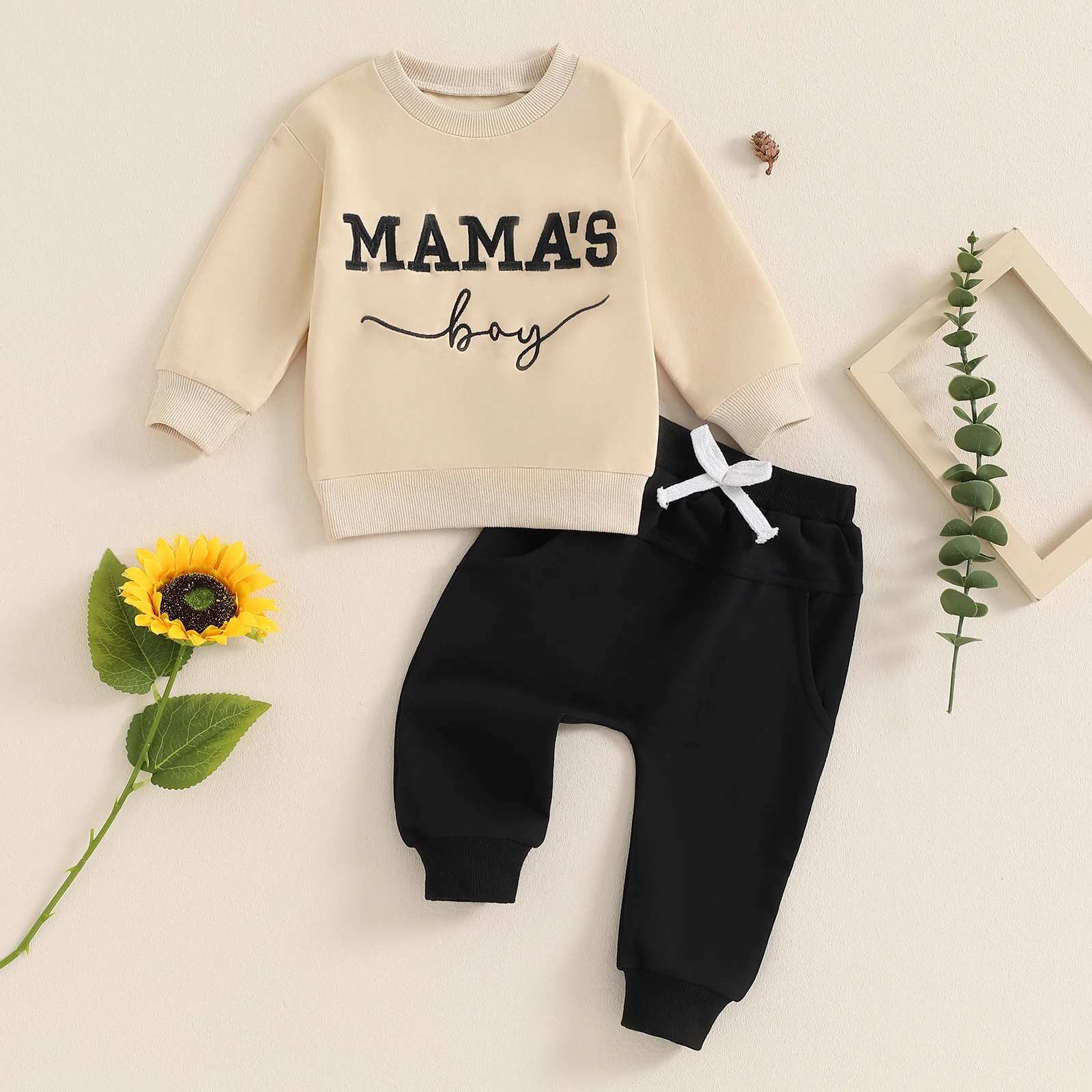 Boys Autumn 2PCS Outfit Sets Long Sleeve O Neck Letter Embroidery Tops Drawstring Pants Sets image 3