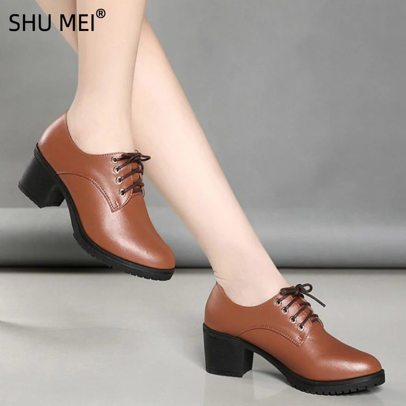 

Spring And Autumn 2024New High Heel Women's Single Shoes Coarse Heel Casual Deep Mouth Shoes Lace Up Commuter Women's Shoes