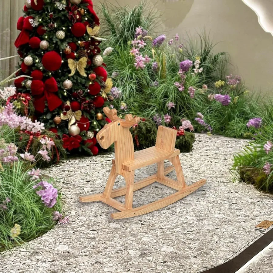 Cavallo a dondolo in legno per bambini Ride On Toy Rocker per bambini Renna a dondolo con schienale Ideale per compleanno, Natale, regalo di compleanno