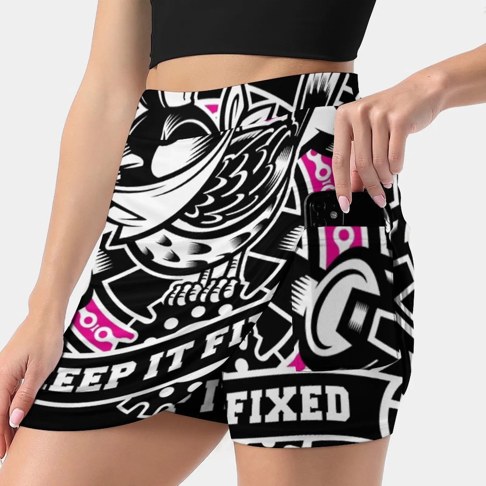 Keep It Fixed - Black Base Women Tennis Skirts Golf Badminton Pantskirt Sports Phone Pocket Skort Graphic Vector Fixie Bird