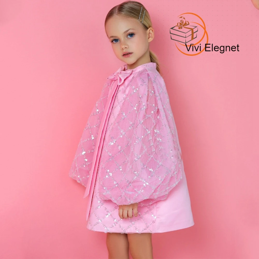 Baby Pink Ankle Length Full Sleeve Flower Girl Dresses with Bow New Arrived Baithday Skirts for Princess فساتين اطفال للعيد2022