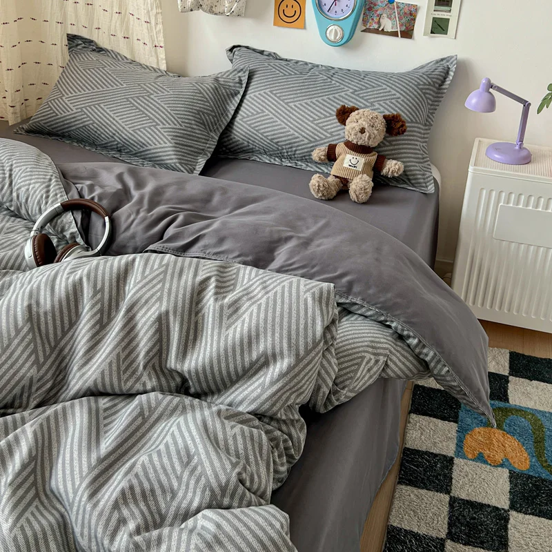 4PC Grey Geometric Bedding Set Modern Chevron Striped Duvet Cover Set with Pillowcases Soft Breathable Bed Linen for All Seasons - view 4