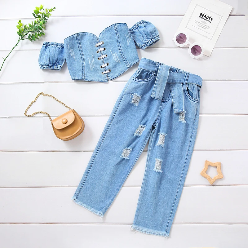 Summer Baby Girl\'s Off The Shoulder Short Sleeved Lace Up Strapless Denim Top+Distressed Long Shorts Set