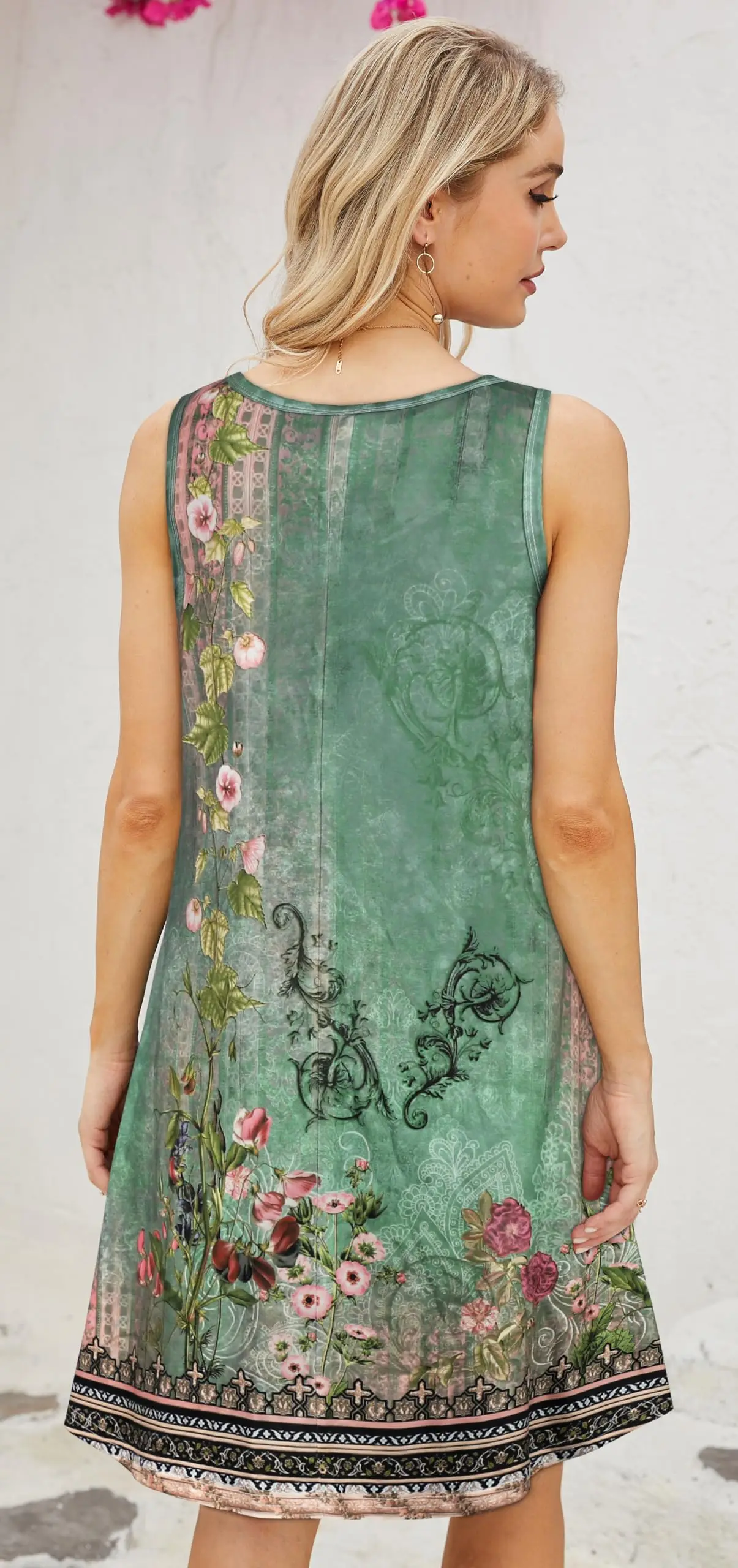 Falda de verano para mujer chaleco sin mangas Casual de moda con estampado de jardín novedoso con falda suelta con bolsillos. Vestido de noche