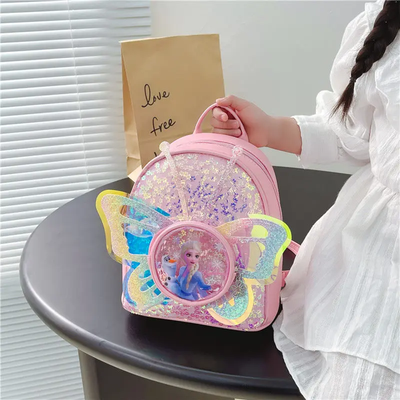 

Disney Cute Frozen Backpack with Butterfly Wings Mini School Bag Portable Lightweight PU Leather Kawaii Girls Bag