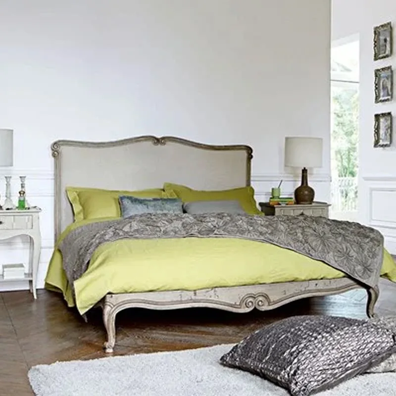 French retro solid wood bed, American linen soft carved double bed