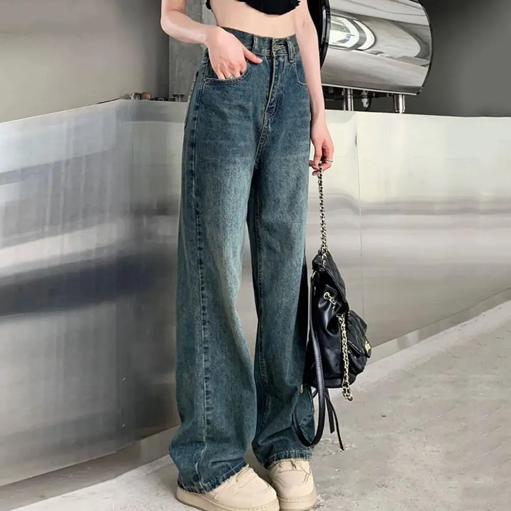 Jeans de perna larga de cintura alta feminino, jeans, bolsos rasgados, fecho de botão com zíper, sólido, elegante, na moda