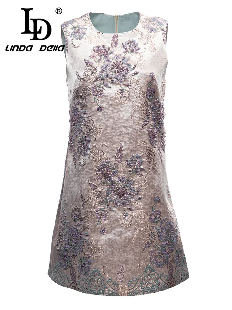 LD LINDA DELLA 2023 Summer Fashion Designer Vintage Dress Women's Round Neck Slim Fit High Waist Print Nail Bead Mini Dress