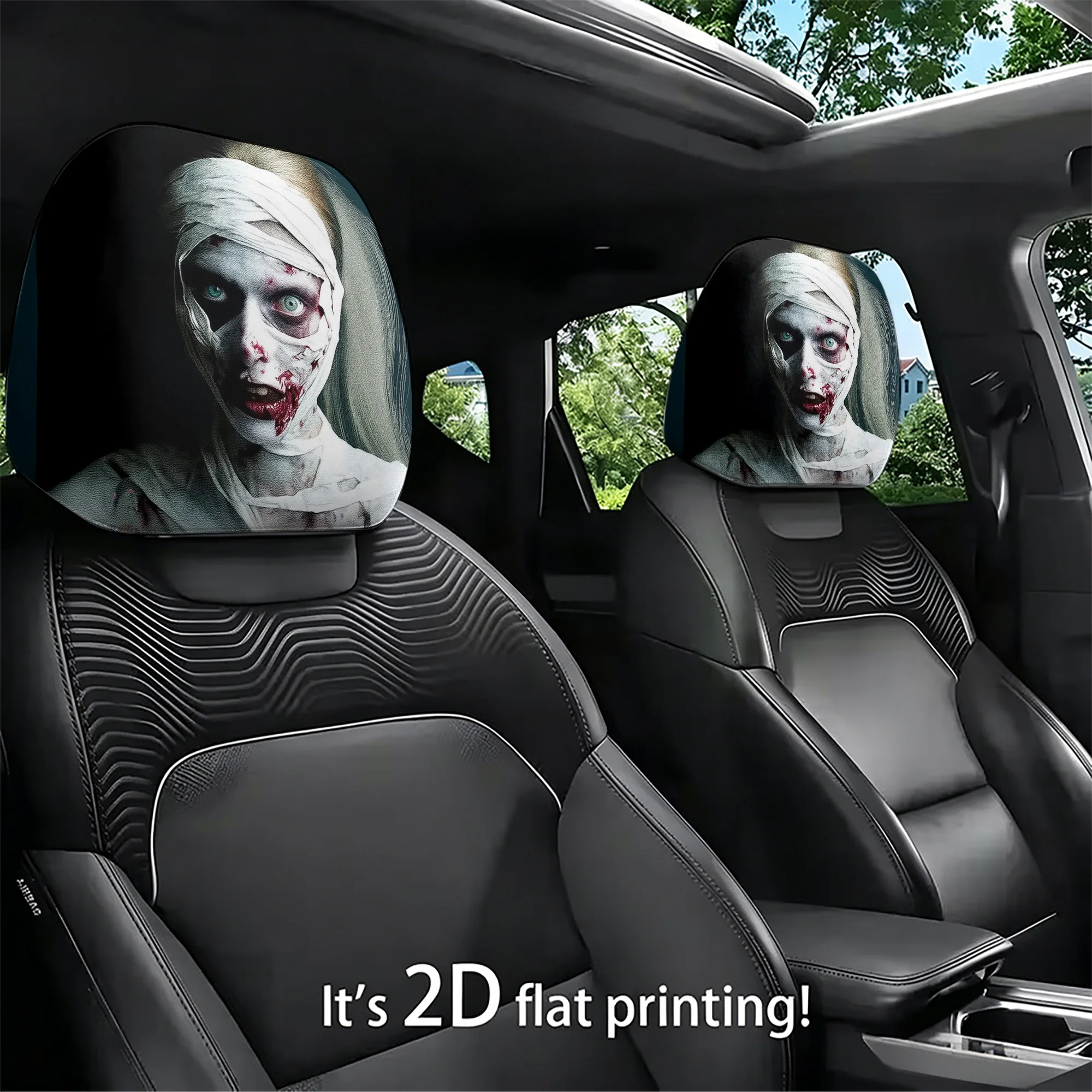 2pcs Mummy-Themed Car Headrest Covers, creating a spooky atmosphere in your car. Does not include stuffing. Easy to install.