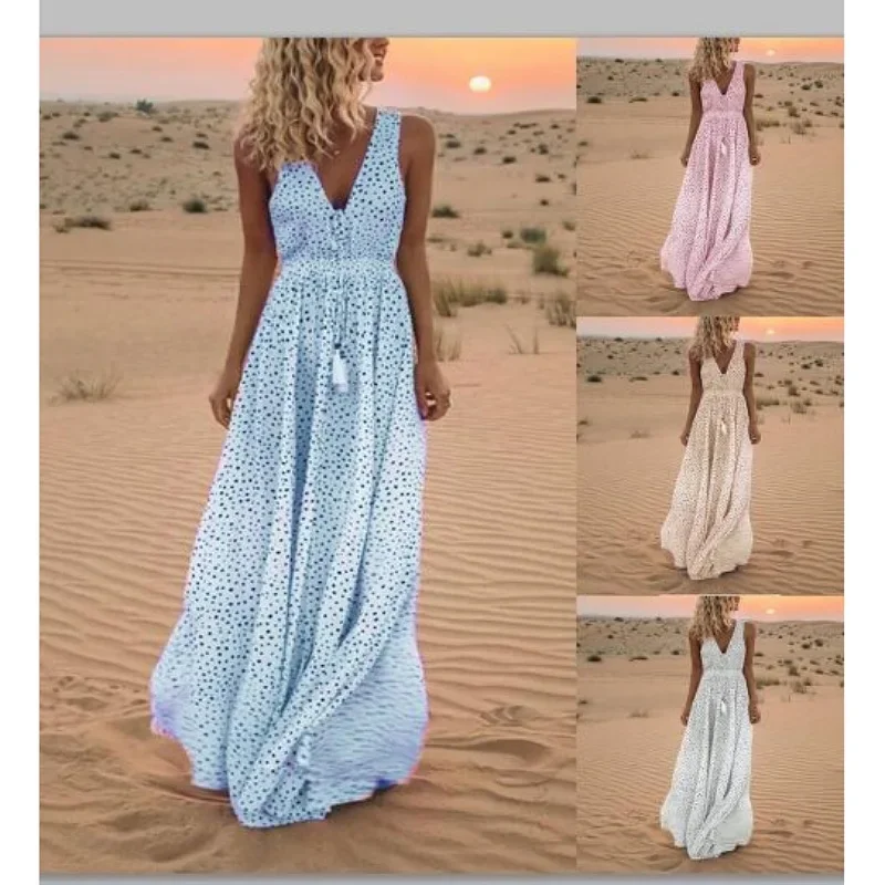 Verão nova casual impressão moda sem mangas tanque vestido longo boho decote em v solto uma linha vestidos elegantes praia feminino vestidos de festa