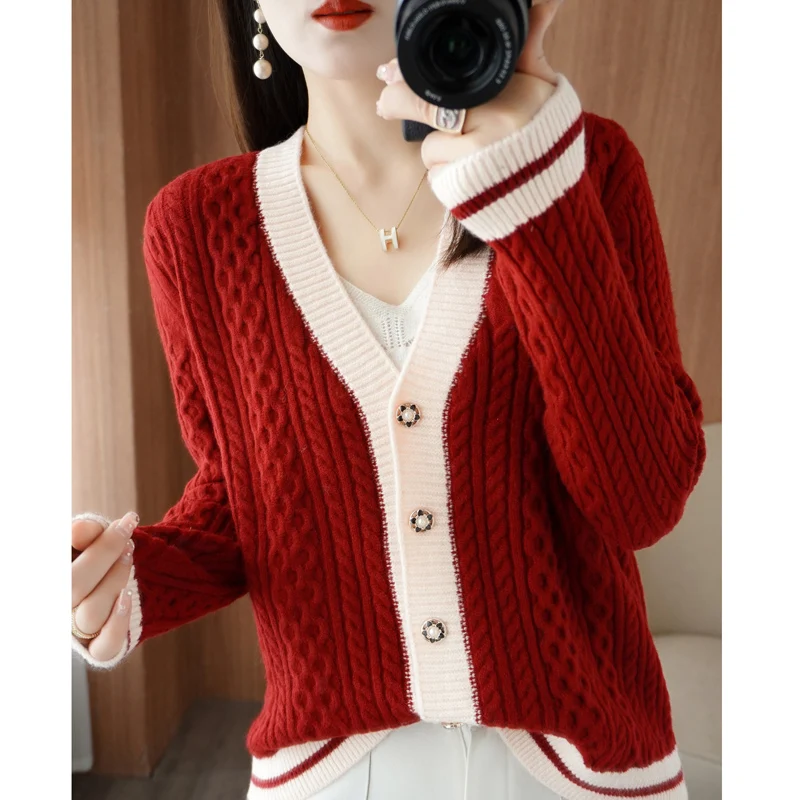 Cashmere Cardigan Sweater Women 2022 Autumn  Winter  Color matching V-Neck Casual Loose Warm knitting Coat  Femme