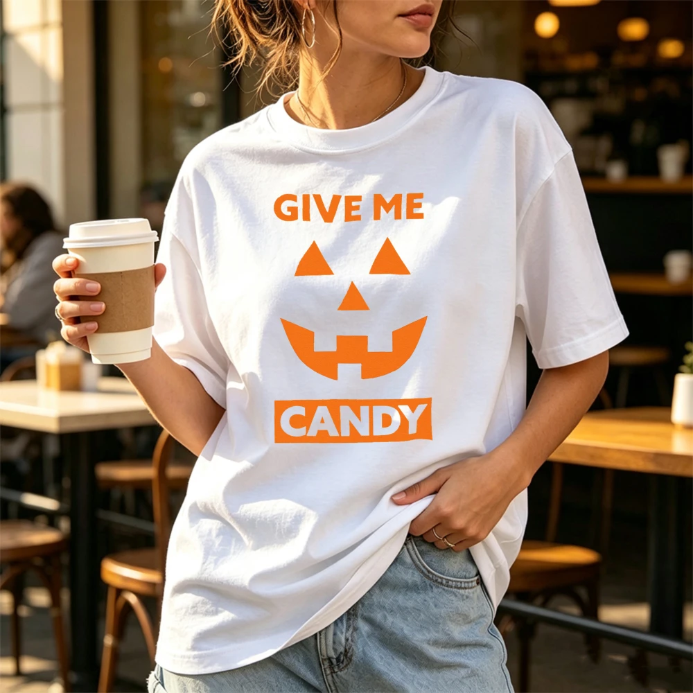 Give Me Candy Jack O Lantern Pumpkin Face Graphic Print T‑Shirt Unisex Funny Halloween Fall Casual Cotton Short Sleeve Y2k Top