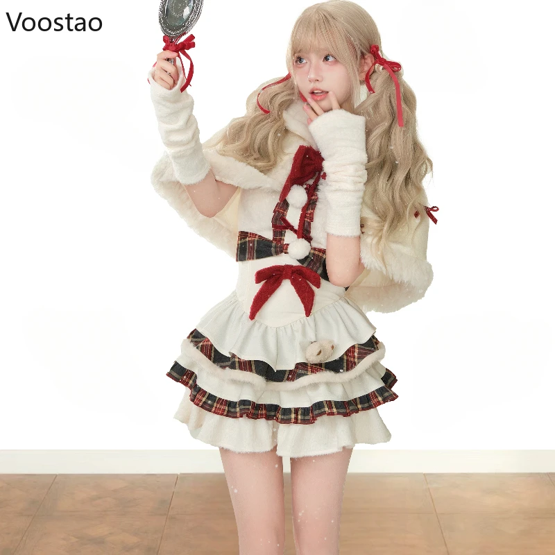 Autumn Winter Sweet Lolita 3 Piece Set Women Christmas New Year Cake Dress Cute Cloak Oversleeve Female Kawaii Harajuku Outfits