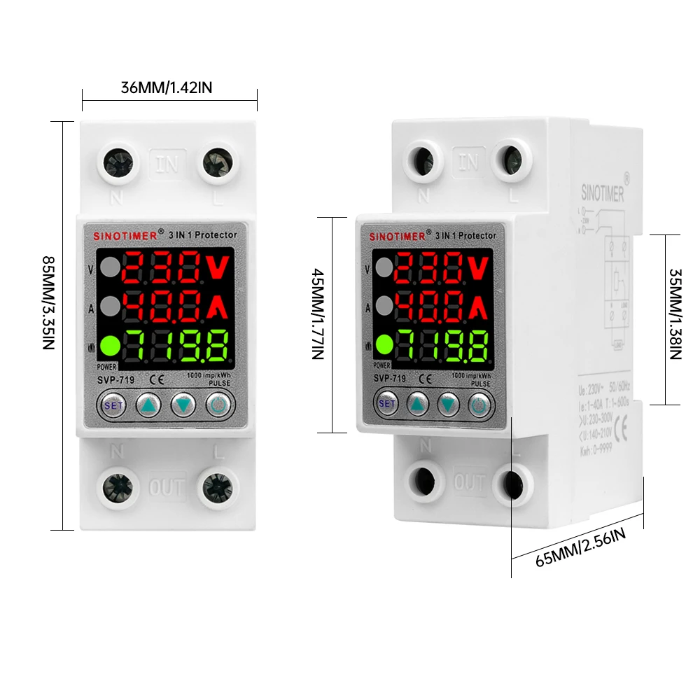 35mm Din Rail LED Display Adjustable Over Voltage Current and Under Voltage Protective Device Protector Relay 40A 63A 220V 230V