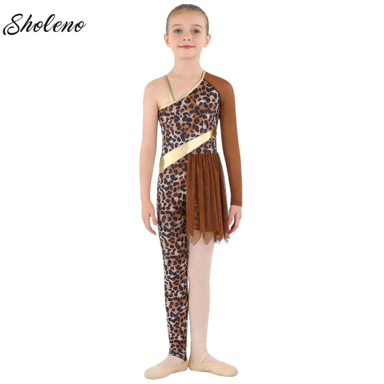 

Girls Latin Dance Clothes Leopard Print Rumba Dance Practice Performance Wear Halloween Carnival Caveman Savage Cosplay Dress Up