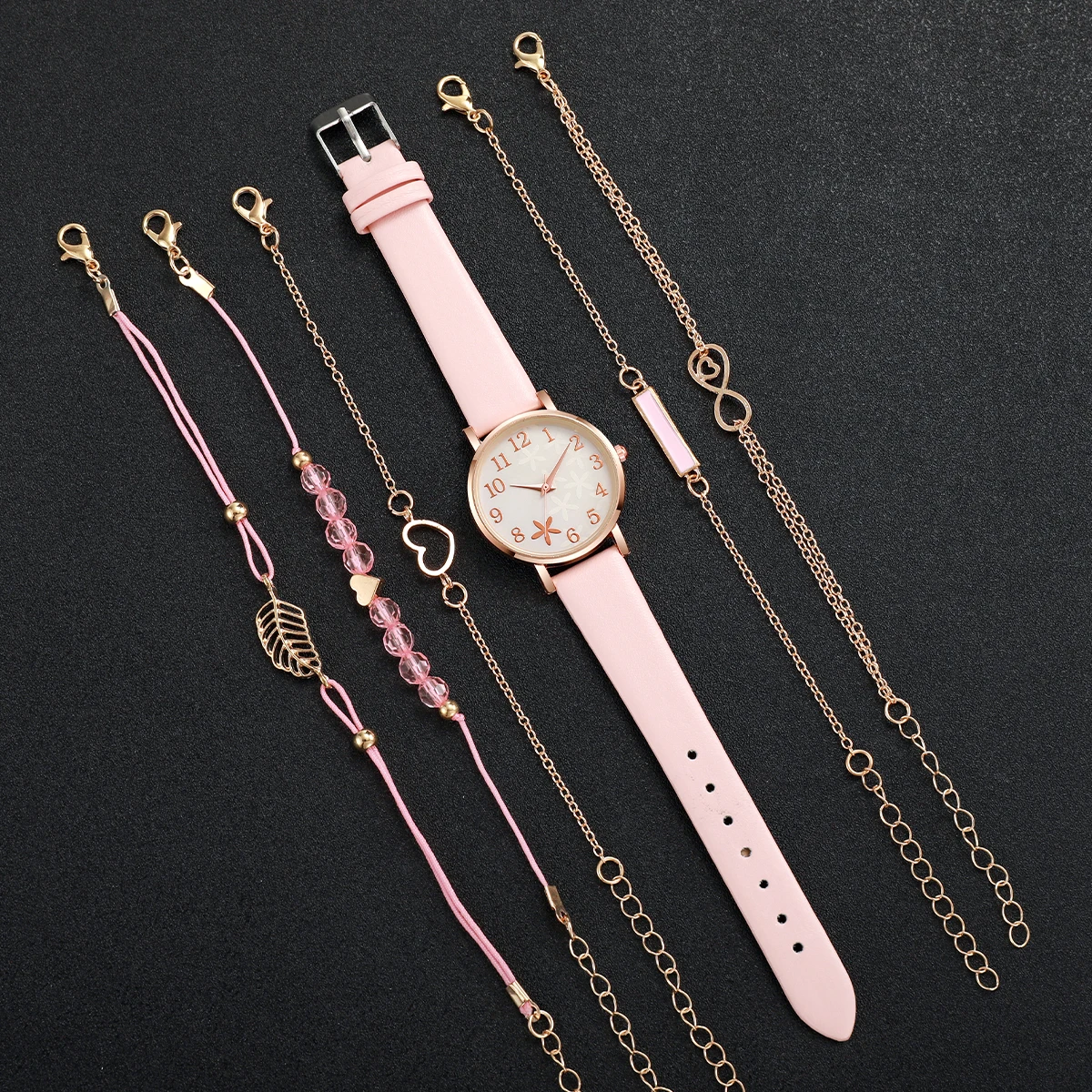 6pcs/set Ladies Women Fashion PU Leather Flower Dial Quartz Watch with Pink Bracelet Set（Box not Included）