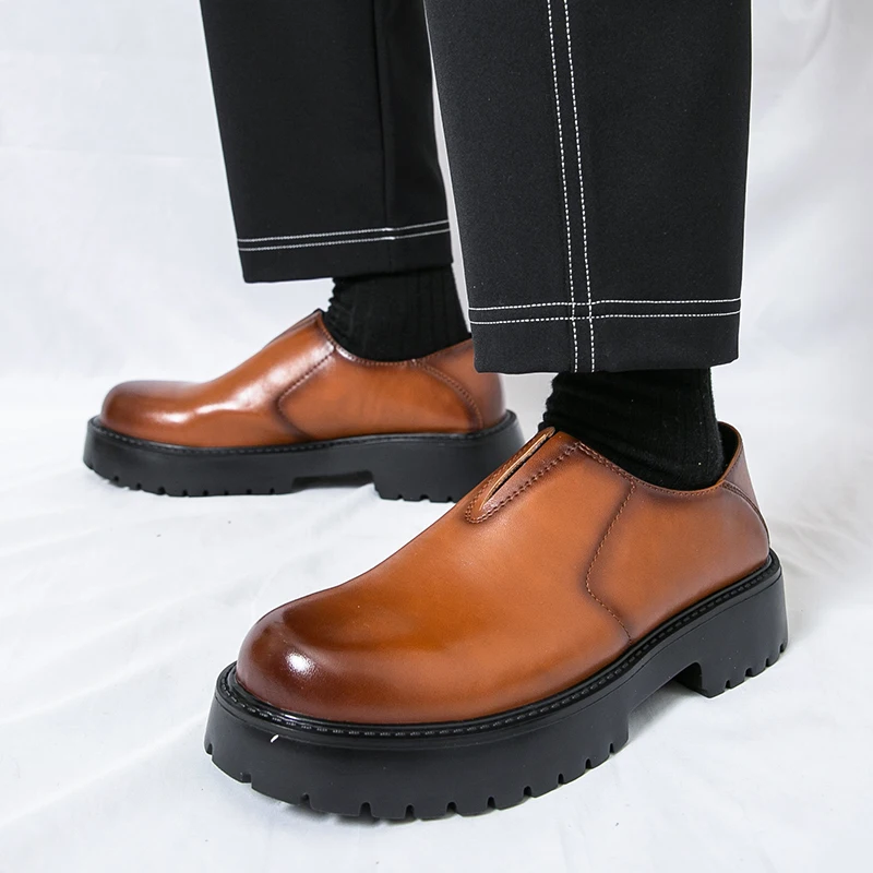 

Brand Men's Comfortable Thick Soled Legged Loafers 2025 Fashion New Men's Round Head Breathable Cowhide Casual Leather Shoes
