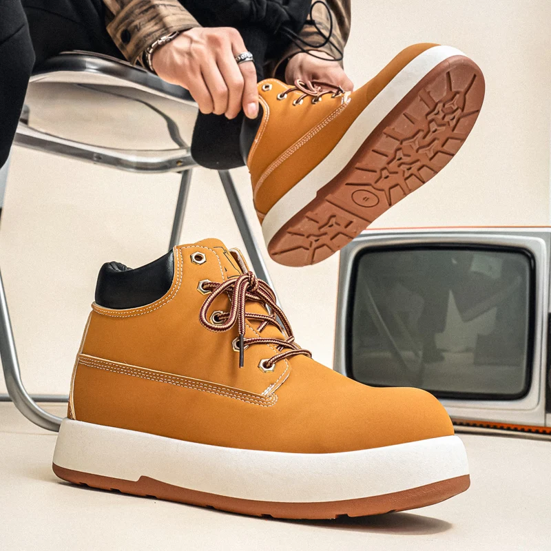 2025 Cheap Casual Shoes Men Pu Leather Comfort Sneakers Lace Up Sole Man Leisure Footwear Tide Solid Colour Ankle Boots High Top