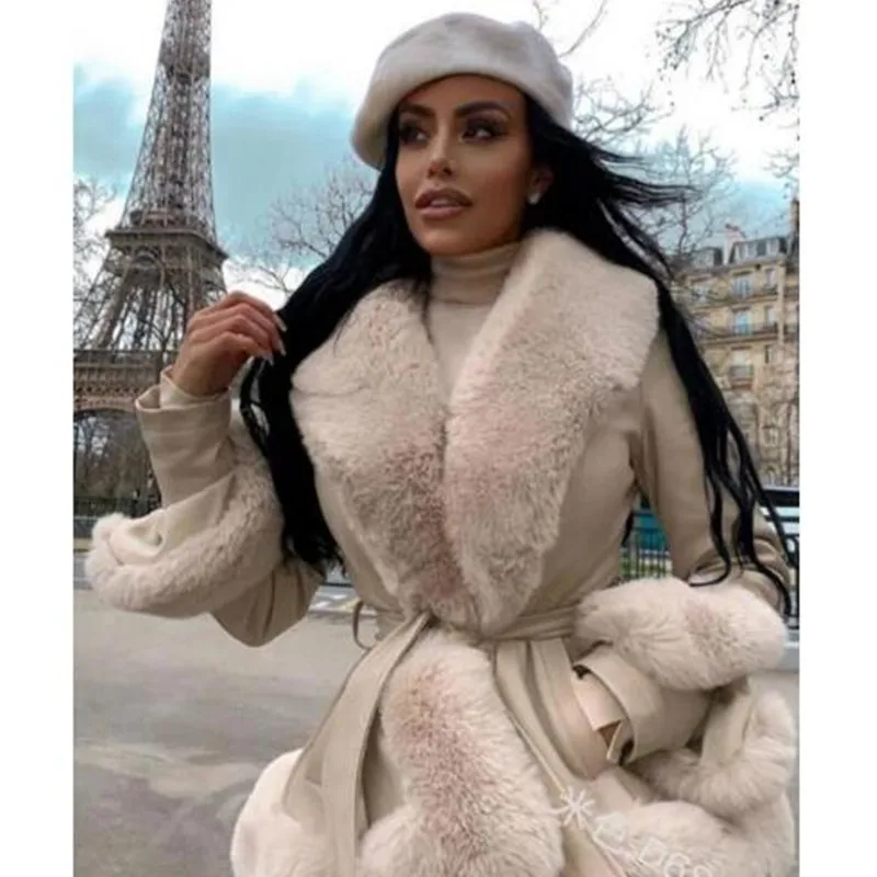 Imitation Rabbit Skin Fur Coat Women Winter Jacket Plus Size Lace-UP Waist Warm Long Jacket High Quality Female Plush Coat